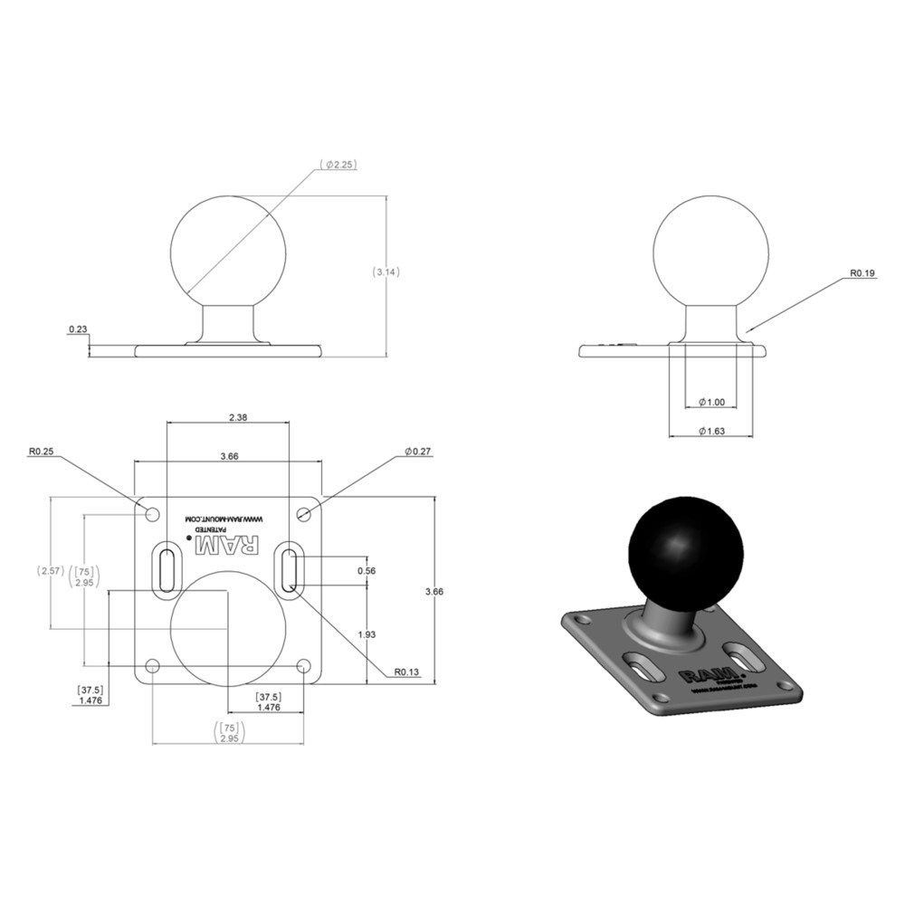 N° de l'image du produit 2 : Supports RAM Plaque VESA (3.625" x 3.625") pas 75 x 75 mm, D-ball (2.25") dans Polybag