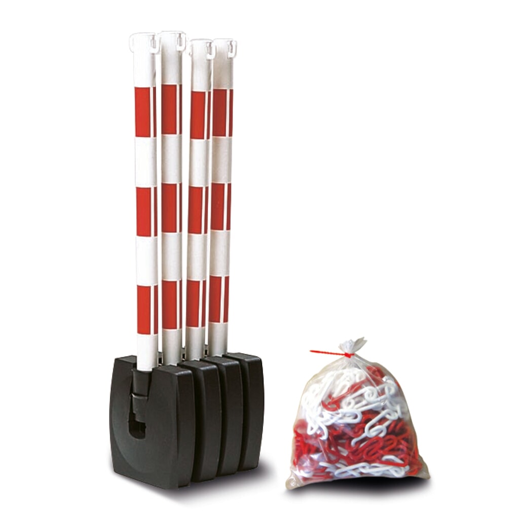 MORAVIA Ketten-Warnständer-Set GUARDA-Flex, 4 Ständer + 10 m Kette, rot/weiß Produktabbildung: MORAVIA Ketten-Warnständer-Set GUARDA-Flex, 4 Ständer + 10 m Kette, rot/weiß