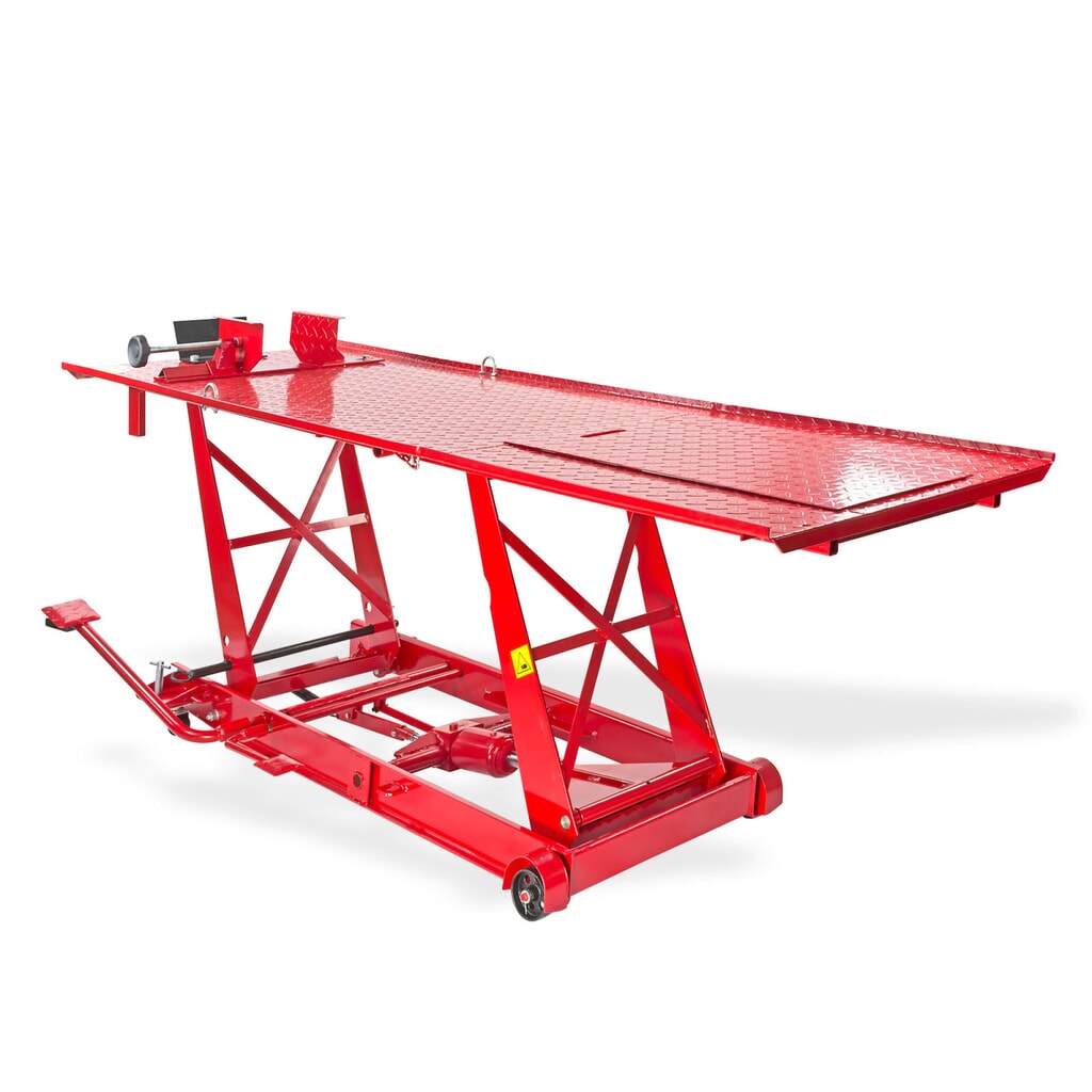 Motorrad-Montagerampe DMR1000, hydraulisch, TK 454 kg, Hubhöhe 170-780 mm, LxB 2.200/2.800 x 680 mm Produktabbildung: Motorrad-Montagerampe DMR1000, hydraulisch, TK 454 kg, Hubhöhe 170-780 mm, LxB 2.200/2.800 x 680 mm