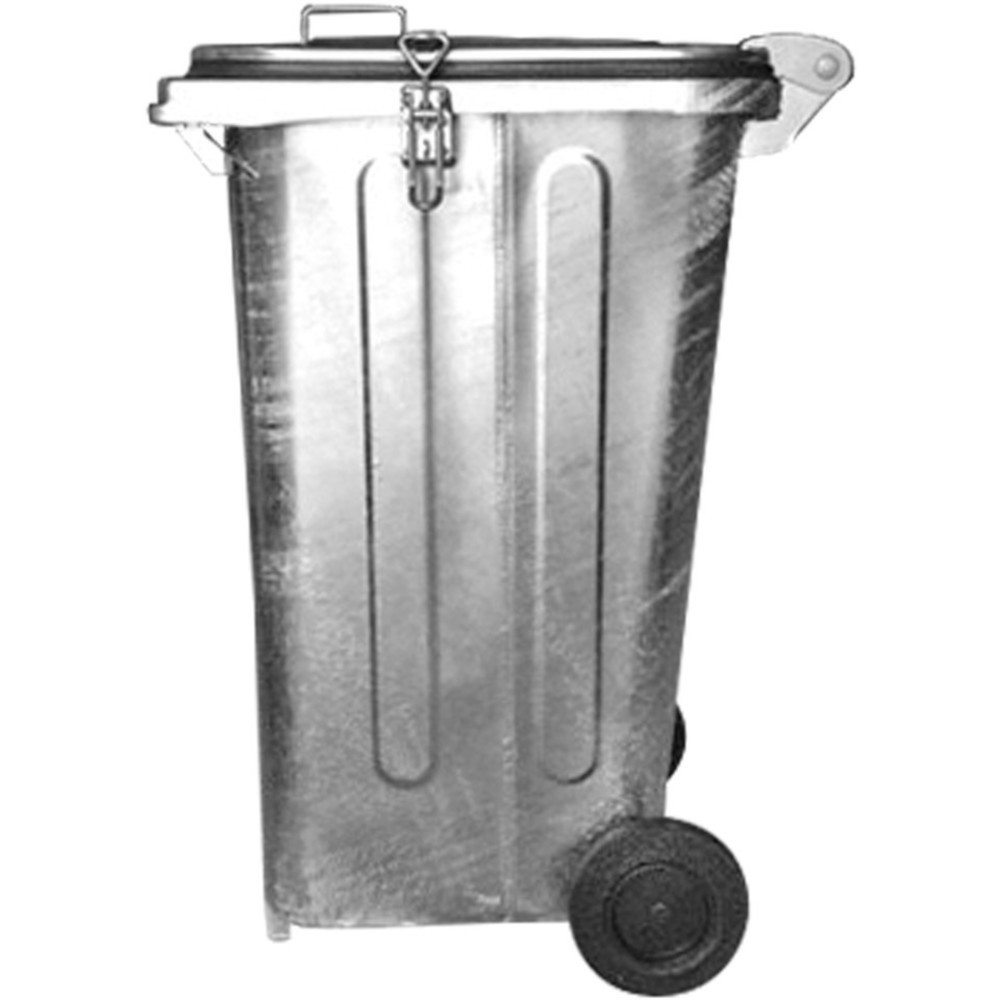 Produktabbildung: Mülltonne aus feuerverzinktem Stahlblech, 240 Liter, mit Rollen u. Klemmverschluss
