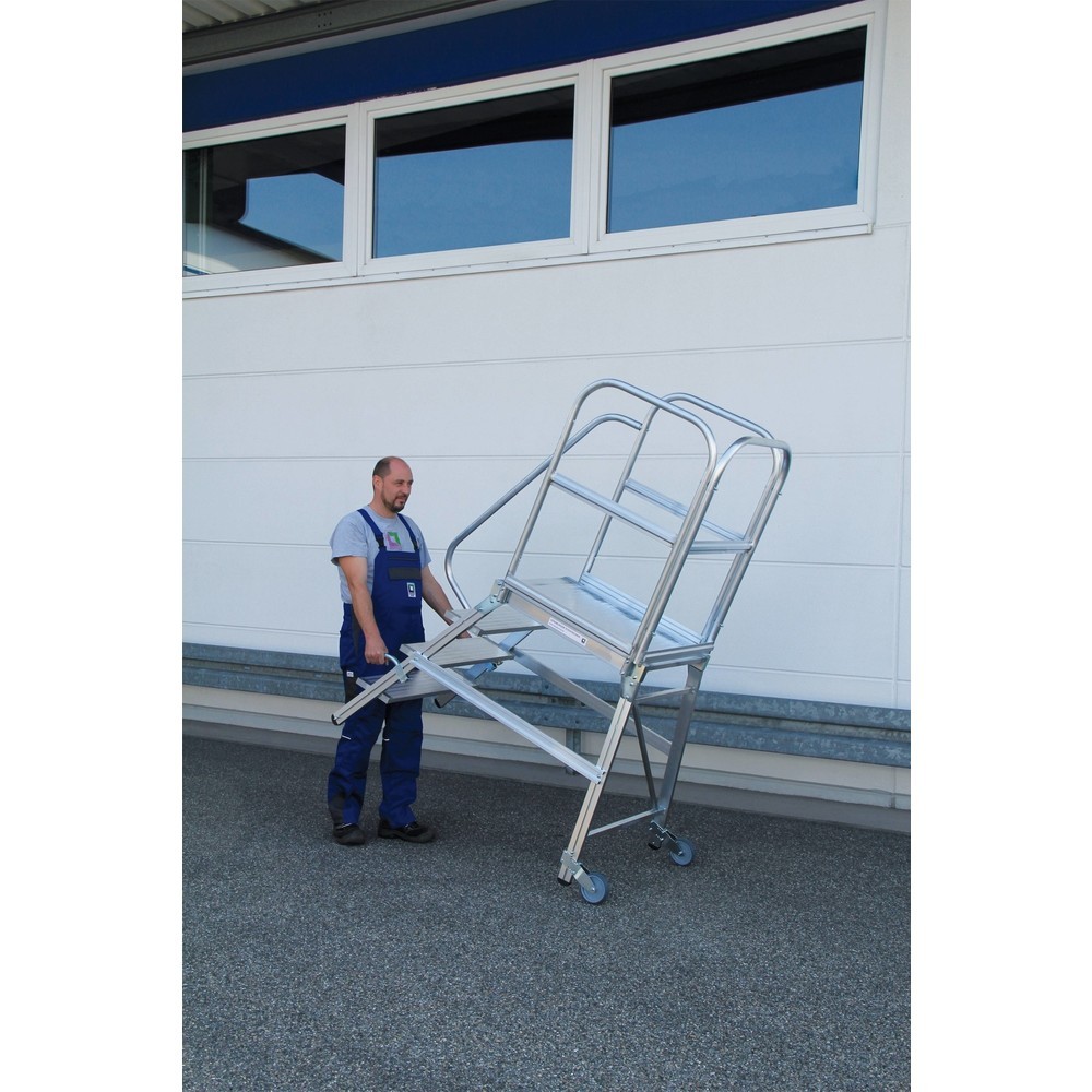 N° de l'image du produit 2 : Munk Escalier à plate-forme avec marches accessibles d’un côté avec roulettes et poignées, en aluminium strié, 3 marches