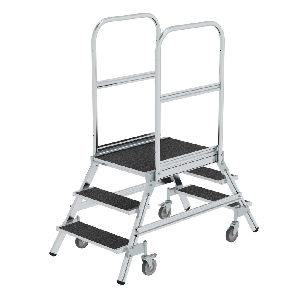 Munk Podesttreppe beids. begehbar mit Federrolle Korundbeschichtung R13 3 Stufen Produktabbildung: Munk Podesttreppe beids. begehbar mit Federrolle Korundbeschichtung R13 3 Stufen