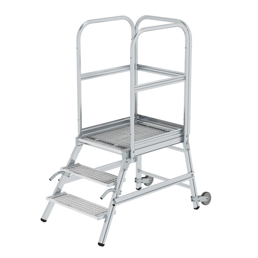 Produktabbildung: Munk Podesttreppe eins. begehbar mit Rollen und Griffen Stahl-Gitterrost 3 Stufen