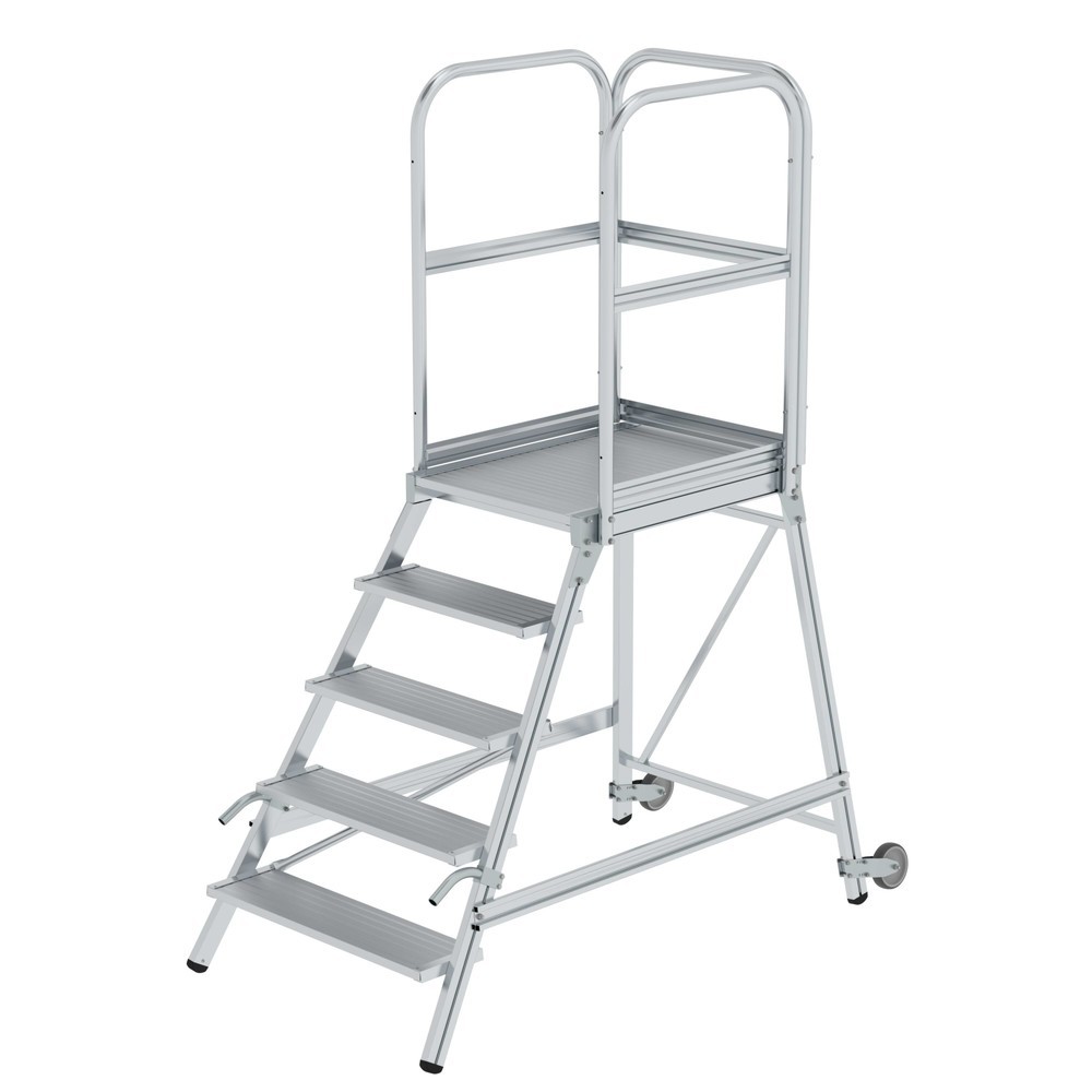 Produktabbildung Nr. 1: Munk Podesttreppe einseitig begehbar mit Rollen und Griffen Aluminium geriffelt 5 Stufen