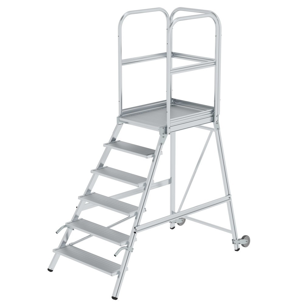 Produktabbildung Nr. 1: Munk Podesttreppe einseitig begehbar mit Rollen und Griffen Aluminium geriffelt 6 Stufen