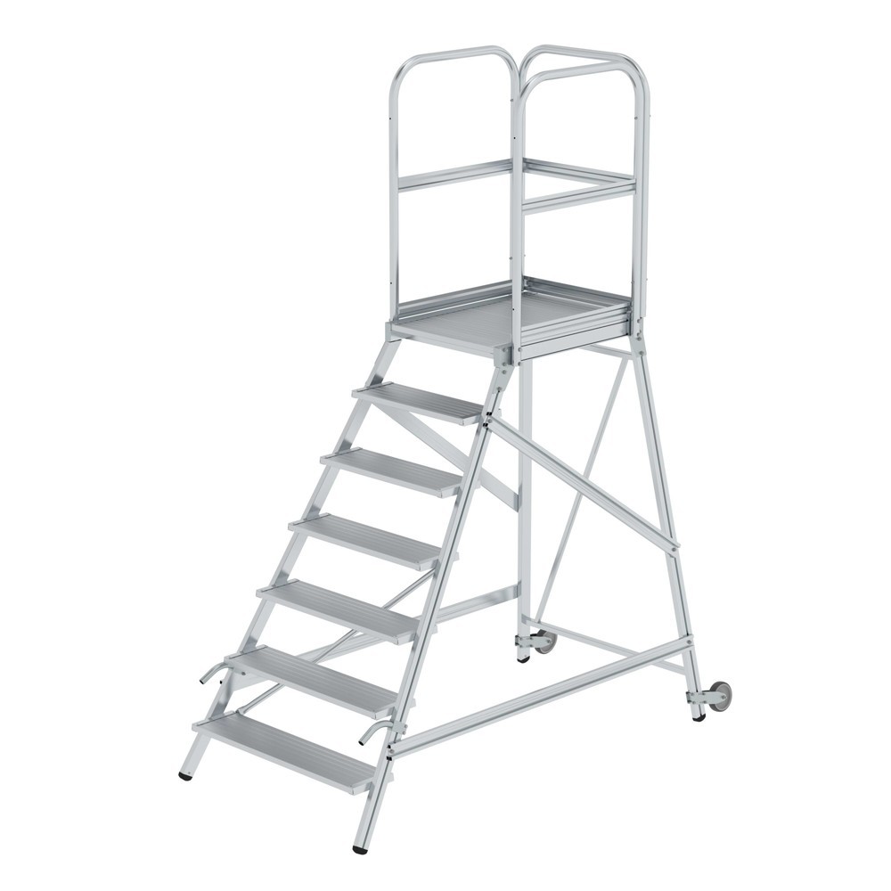 Produktabbildung Nr. 1: Munk Podesttreppe einseitig begehbar mit Rollen und Griffen Aluminium geriffelt 7 Stufen