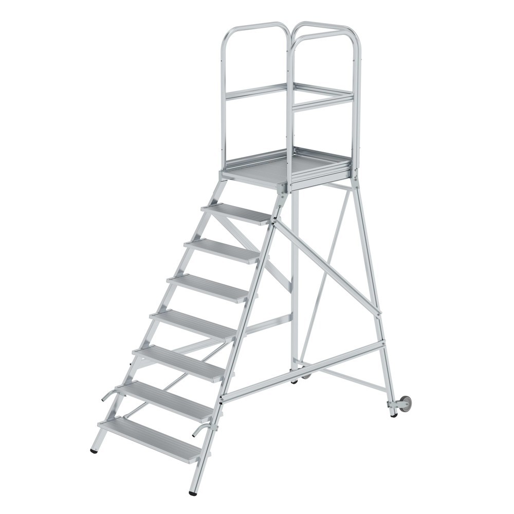 Produktabbildung Nr. 1: Munk Podesttreppe einseitig begehbar mit Rollen und Griffen Aluminium geriffelt 8 Stufen