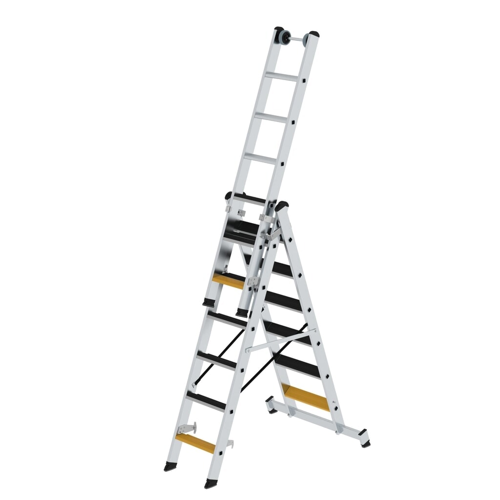 Munk Stufen-Mehrzweckleiter 3-teilig mit nivello®-Traverse und clip-step R13 3x6 Stufen Produktabbildung: Munk Stufen-Mehrzweckleiter 3-teilig mit nivello®-Traverse und clip-step R13 3x6 Stufen