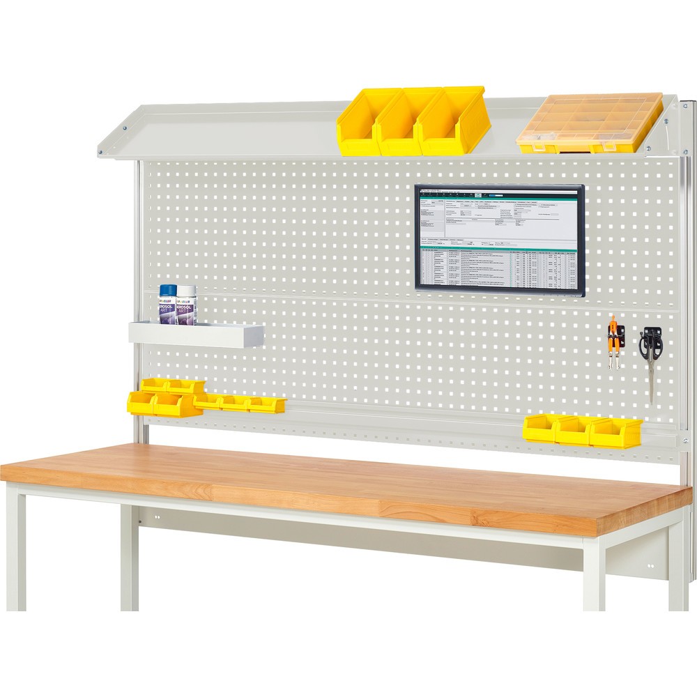 Obrázok výrobku: Nadstavba pracovného stola RAU, v × š × h 1 130 × 2 000 × 350 mm, s 1 naklápateľnou kovovou odkladacou lištou, 1 prídržnou lištou a 1 držiakom plochej obrazovky, kompletná súprava 02 pre výrobok šírky 2 000 mm