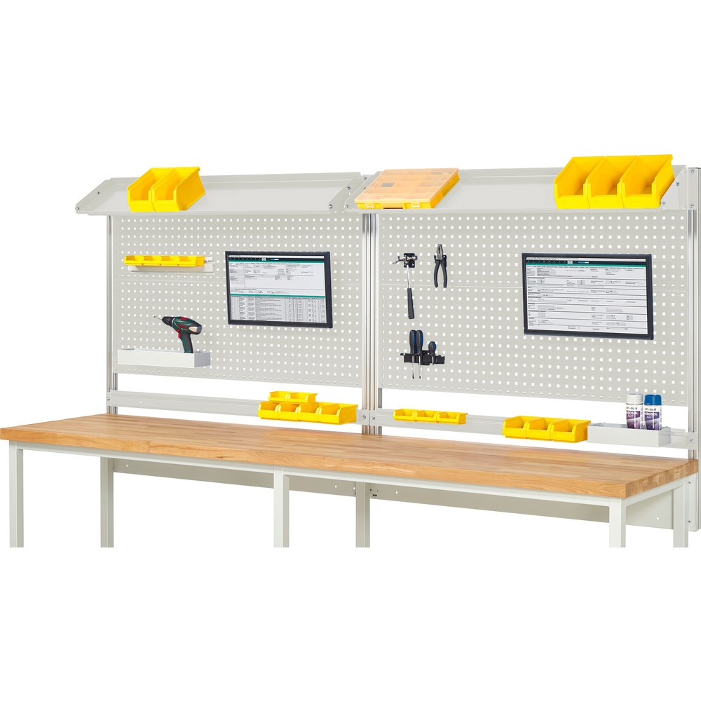 Obrázok výrobku: Nadstavba pracovného stola RAU, v × š × h 1 130 × 3 000 × 350 mm, s 2 naklápateľnými kovovými odkladacími lištami, 2 prídržnými lištami a 2 držiakmi plochej obrazovky, kompletná súprava 02 pre výrobok šírky