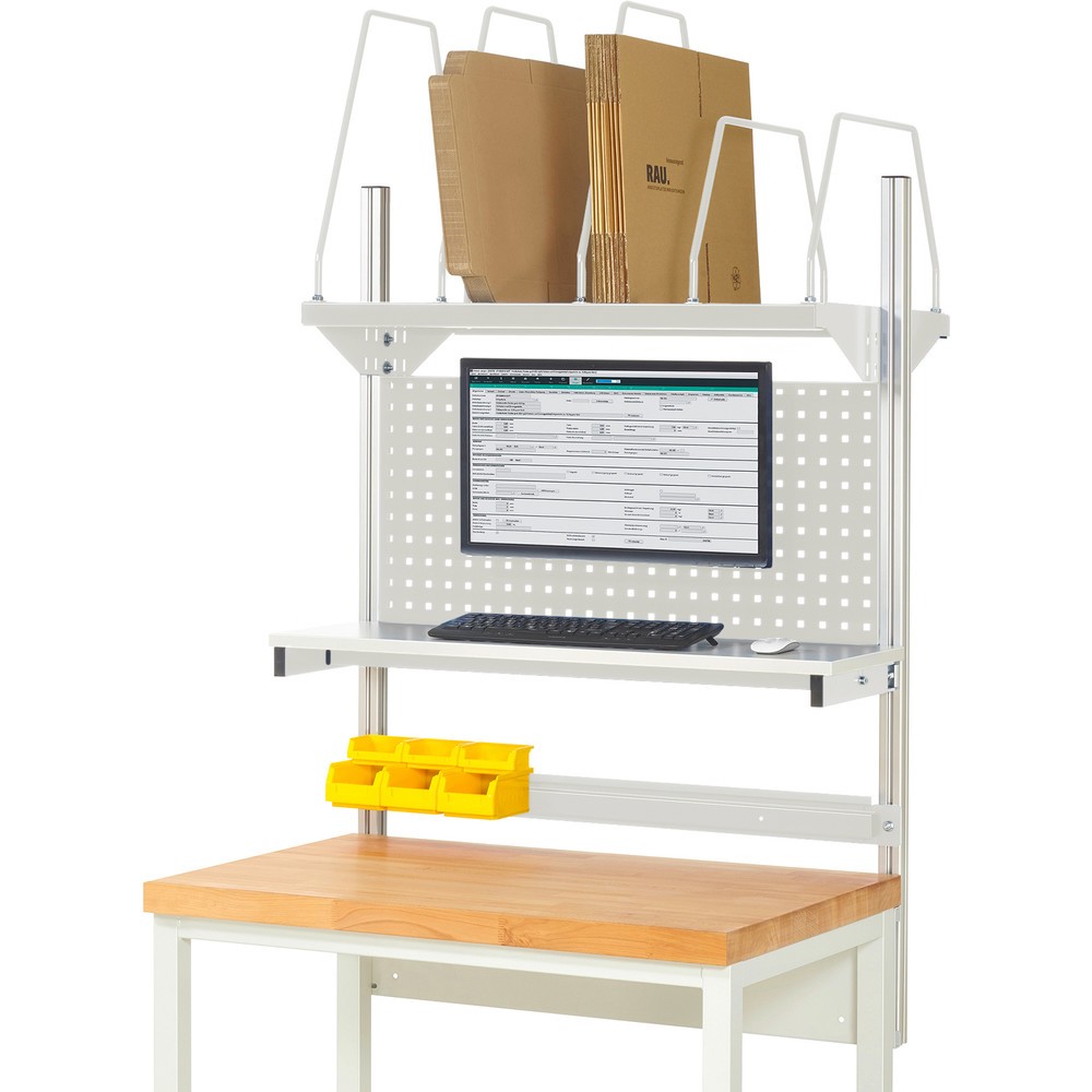 Obrázok výrobku: Nadstavba pracovného stola RAU, v × š × h 1 130 × 1 000 × 350 mm, s 1 policovou doskou, 1 prídržnou lištou a 1 držiakom plochej obrazovky, kompletná súprava 03 pre výrobok šírky 1 000 mm