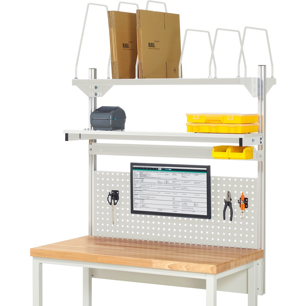 Obrázok výrobku: Nadstavba pracovného stola RAU, v × š × h 1 130 × 1 250 × 350 mm, s 1 policovou doskou, 1 prídržnou lištou a 1 držiakom plochej obrazovky, kompletná súprava 03 pre výrobok šírky 1 250 mm