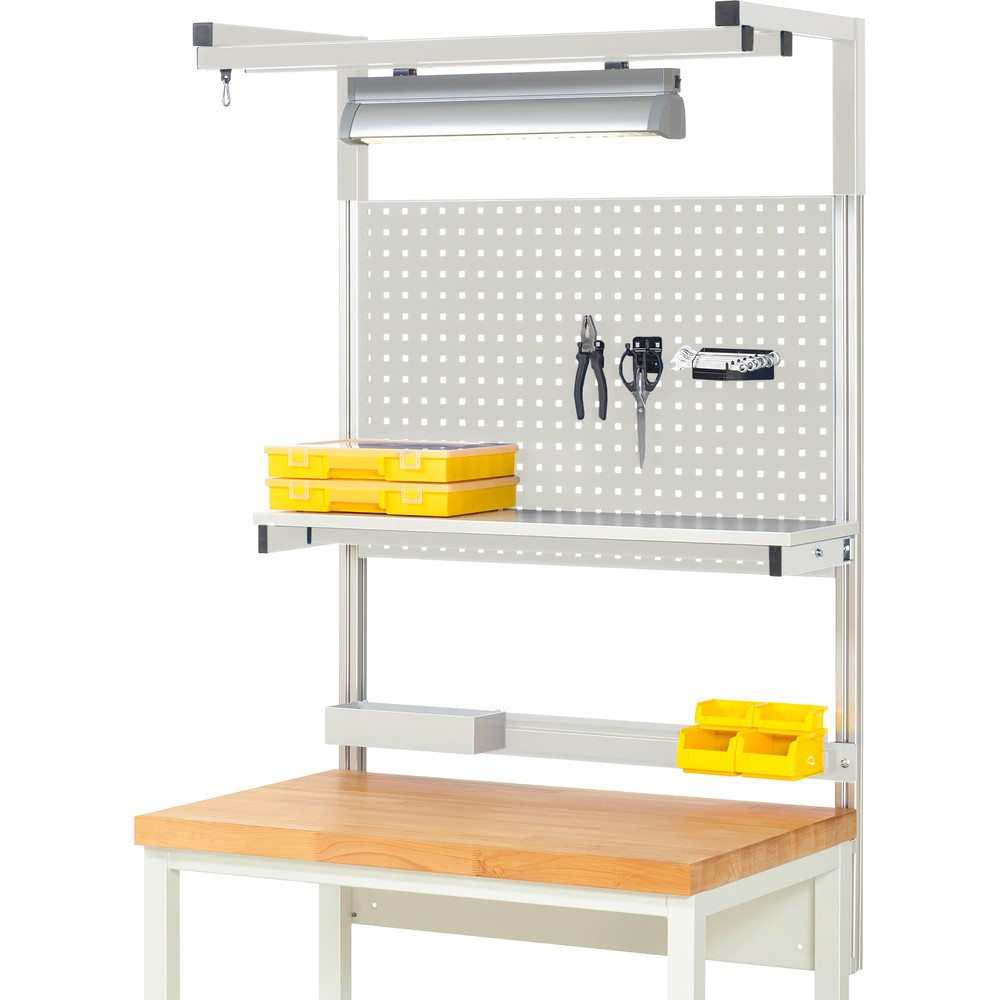 Obrázok výrobku: Nadstavba pracovného stola RAU, v × š × h 1 380 × 1 000 × 350 mm, s 1 policovou doskou, 1 prídržnou lištou, 1 párom výložníkov a 1 svietidlom, kompletná súprava 04 pre výrobok šírky 1 000 mm