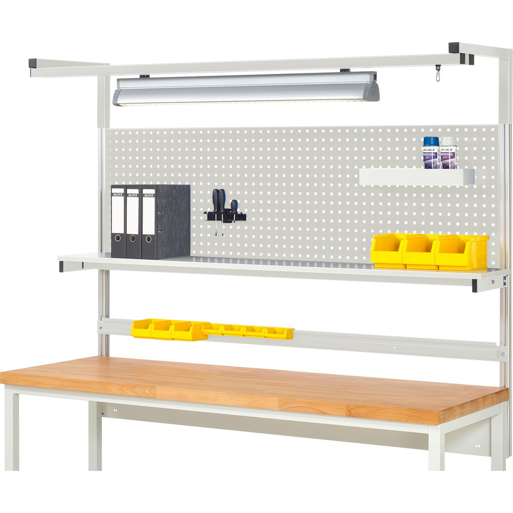 Obrázok výrobku: Nadstavba pracovného stola RAU, v × š × h 1 380 × 2 000 × 350 mm, s 1 policovou doskou, 1 prídržnou lištou, 1 párom výložníkov a 1 svietidlom, kompletná súprava 04 pre výrobok šírky 2 000 mm