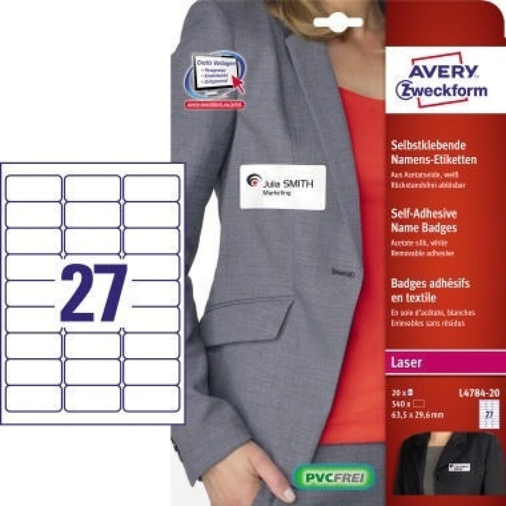 Avery Zweckform Namensetikett L4784-20 63,5x29,6mm 540 St./Pack. Produktabbildung: Avery Zweckform Namensetikett L4784-20 63,5x29,6mm 540 St./Pack.