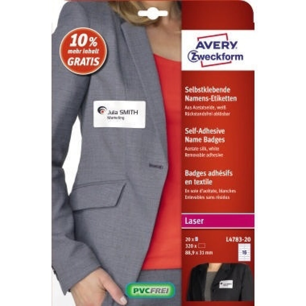 Avery Zweckform Namensetikett L4783-20 88,9x31mm ws 320 St./Pack. Produktabbildung: Avery Zweckform Namensetikett L4783-20 88,9x31mm ws 320 St./Pack.