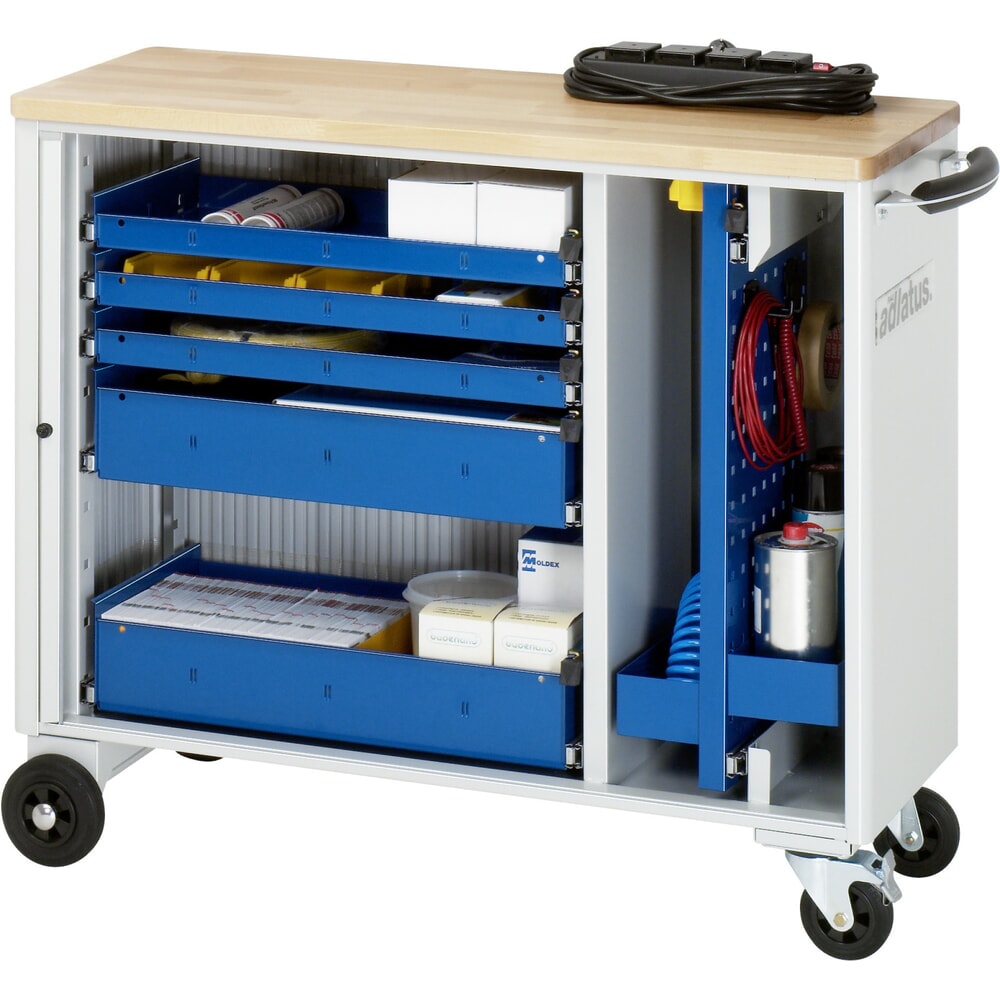 Obrázek produktu: Nástrojový vozík RAU řada adlatus, VxŠxH 860 x 1025 x 400 mm, 5x zásuvka 3 x 40, 2 x 105 mm, buková pracovní deska