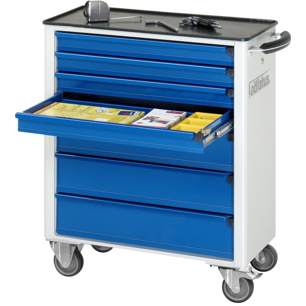 Obrázek produktu: Nástrojový vozík RAU řada adlatus 700, VxŠxH 860 x 700 x 350 mm, 7x zásuvka 4 x 65, 3 x 130 mm, kovová pracovní deska