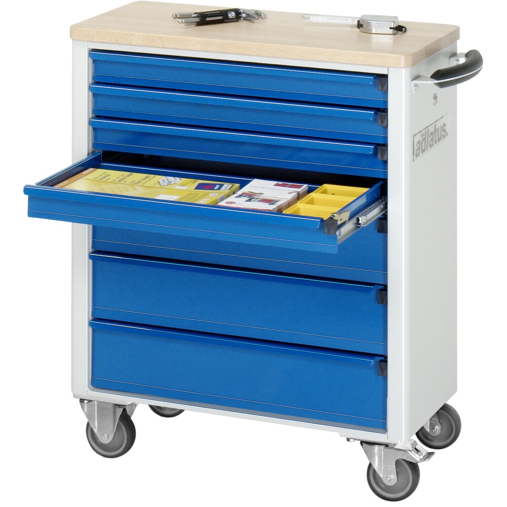 Obrázek produktu: Nástrojový vozík RAU řada adlatus 700, VxŠxH 860 x 700 x 350 mm, 7x zásuvka 4 x 65, 3 x 130 mm, buková pracovní deska