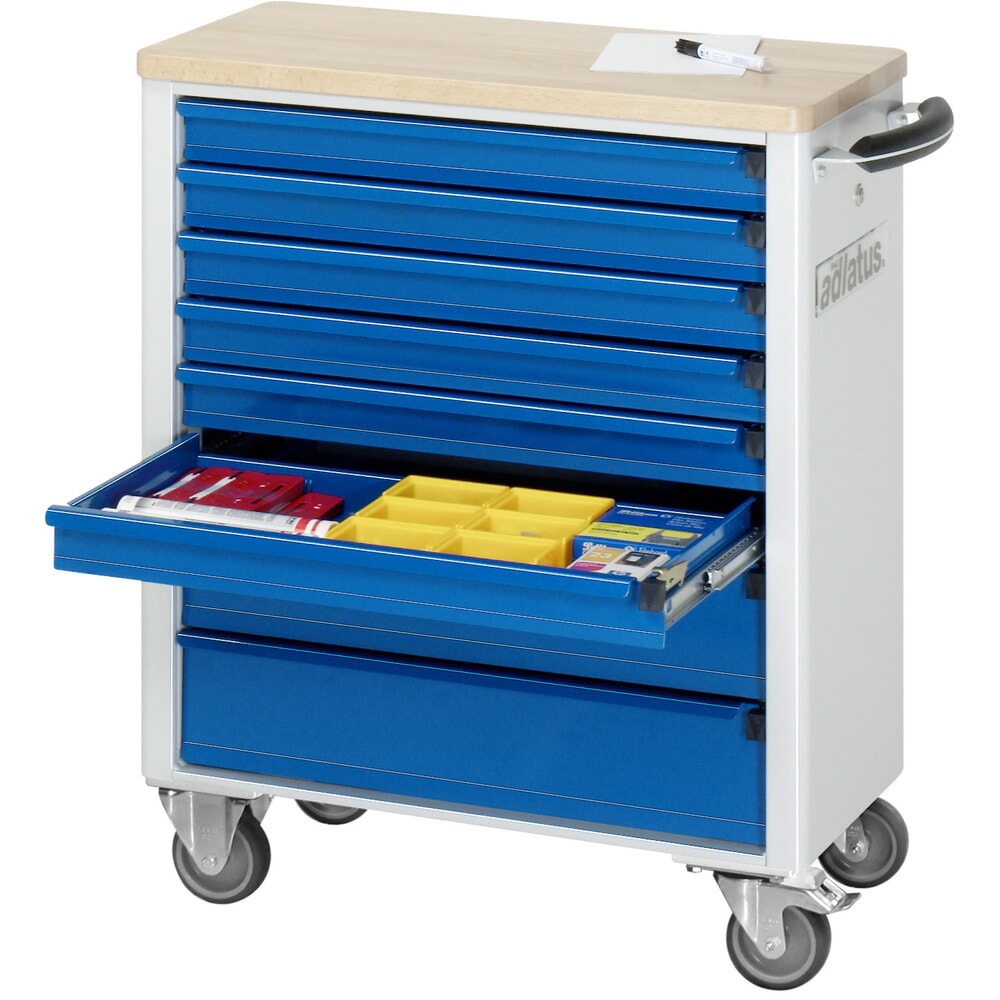 Obrázek produktu: Nástrojový vozík RAU řada adlatus 700, VxŠxH 860 x 700 x 350 mm, 8x zásuvka 6 x 65, 2 x 130 mm, buková pracovní deska