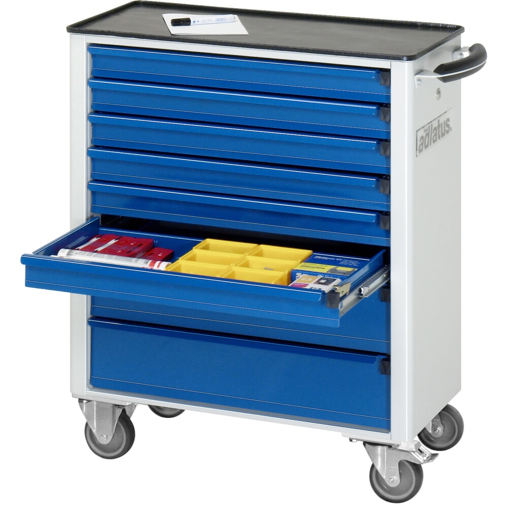 Obrázek produktu: Nástrojový vozík RAU řada adlatus 700, VxŠxH 860 x 700 x 350 mm, 8x zásuvka 6 x 65, 2 x 130 mm, kovová pracovní deska