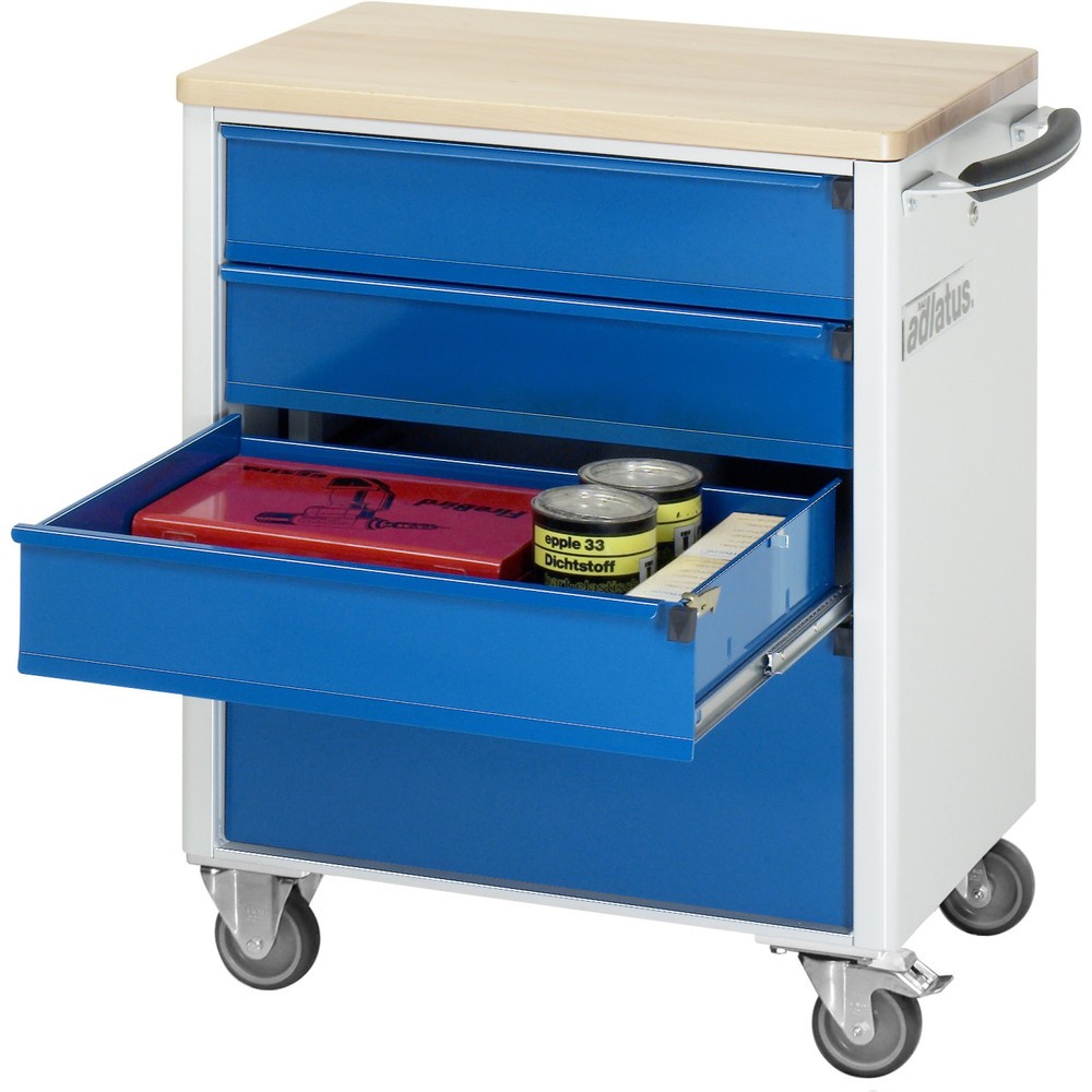 Obrázek produktu: Nástrojový vozík RAU řada adlatus 700, VxŠxH 860 x 700 x 510 mm, 4x zásuvka 3 x 130, 1 x 260 mm, buková pracovní deska