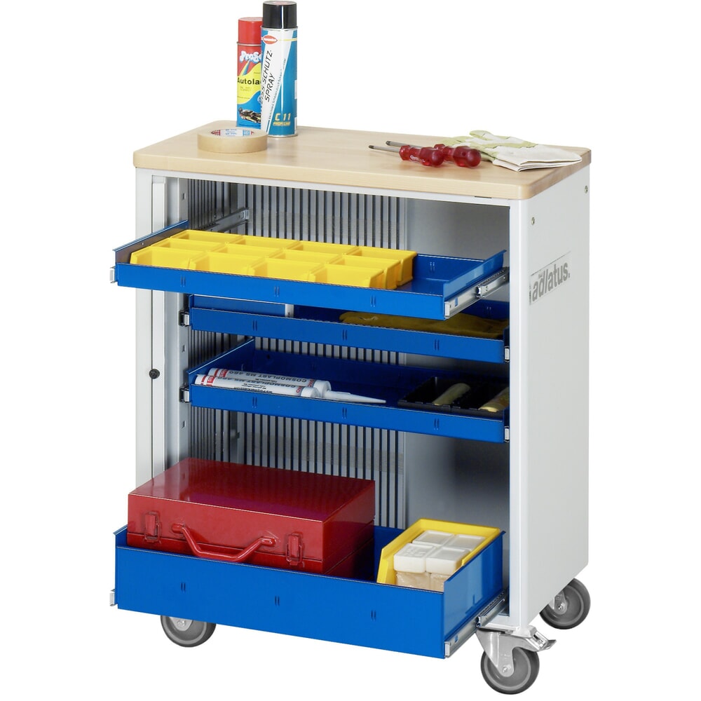 Obrázek produktu: Nástrojový vozík RAU řada adlatus 700, VxŠxH 860 x 725 x 400 mm, 4x zásuvka 3 x 40, 1 x 105 mm, buková pracovní deska