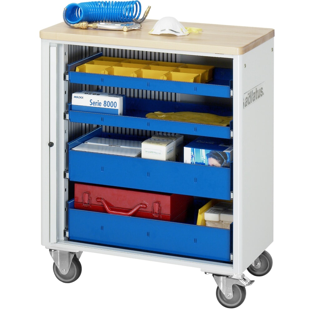 Obrázek produktu: Nástrojový vozík RAU řada adlatus 700, VxŠxH 860 x 725 x 400 mm, 4x zásuvka 2 x 40, 2 x 105 mm, buková pracovní deska