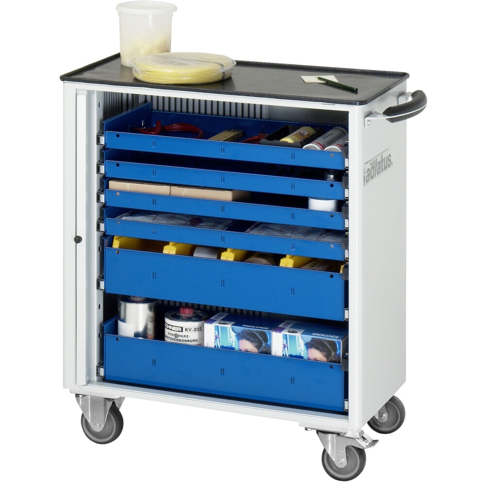 Obrázek produktu: Nástrojový vozík RAU řada adlatus 700, VxŠxH 860 x 725 x 400 mm, 6x zásuvka 4 x 40, 2 x 105 mm, kovová pracovní deska