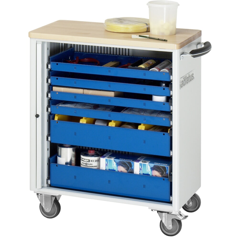 Obrázek produktu: Nástrojový vozík RAU řada adlatus 700, VxŠxH 860 x 725 x 400 mm, 6x zásuvka 4 x 40, 2 x 105 mm, buková pracovní deska