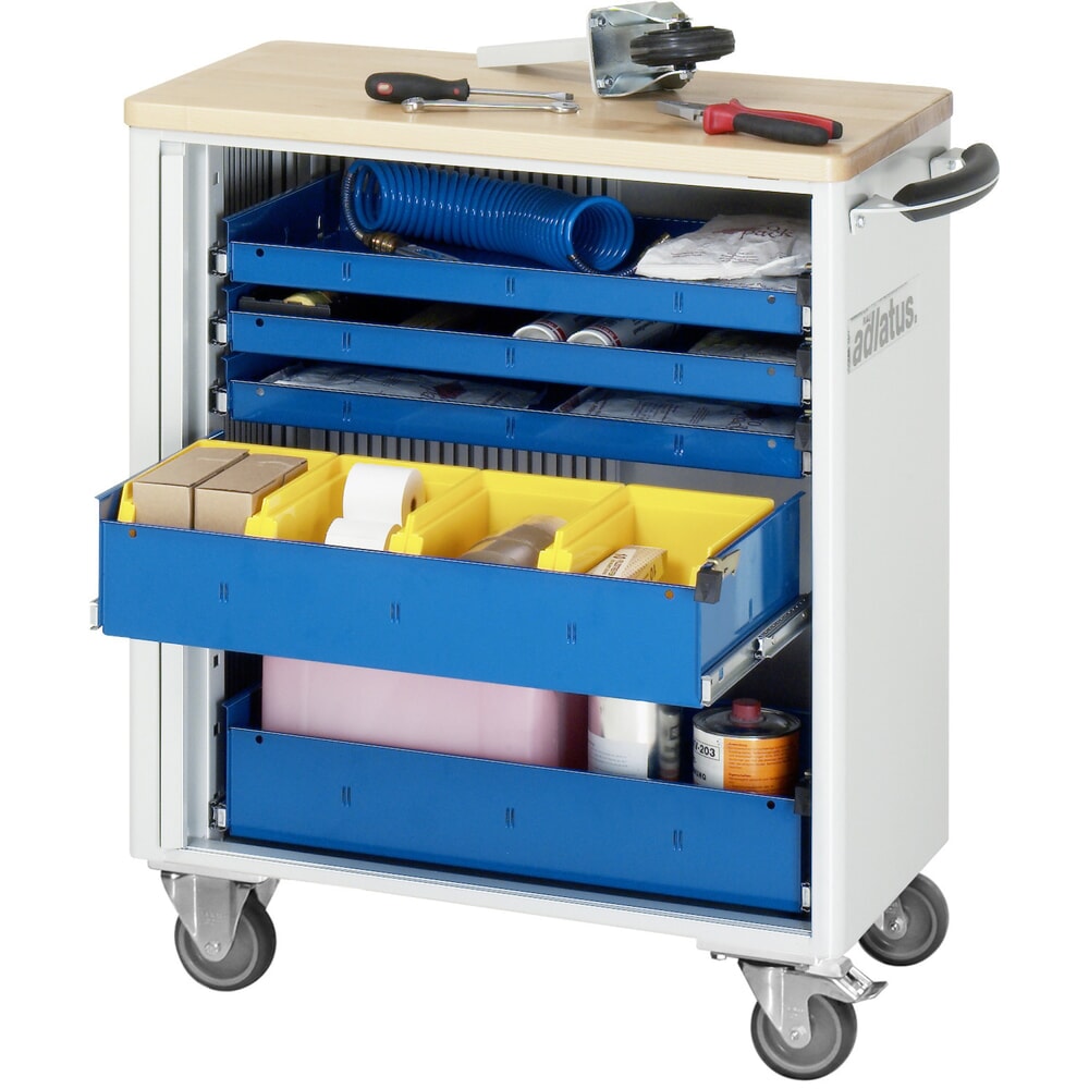 Obrázek produktu: Nástrojový vozík RAU řada adlatus 700, VxŠxH 860 x 725 x 400 mm, 5x zásuvka 3 x 40, 2 x 105 mm, buková pracovní deska