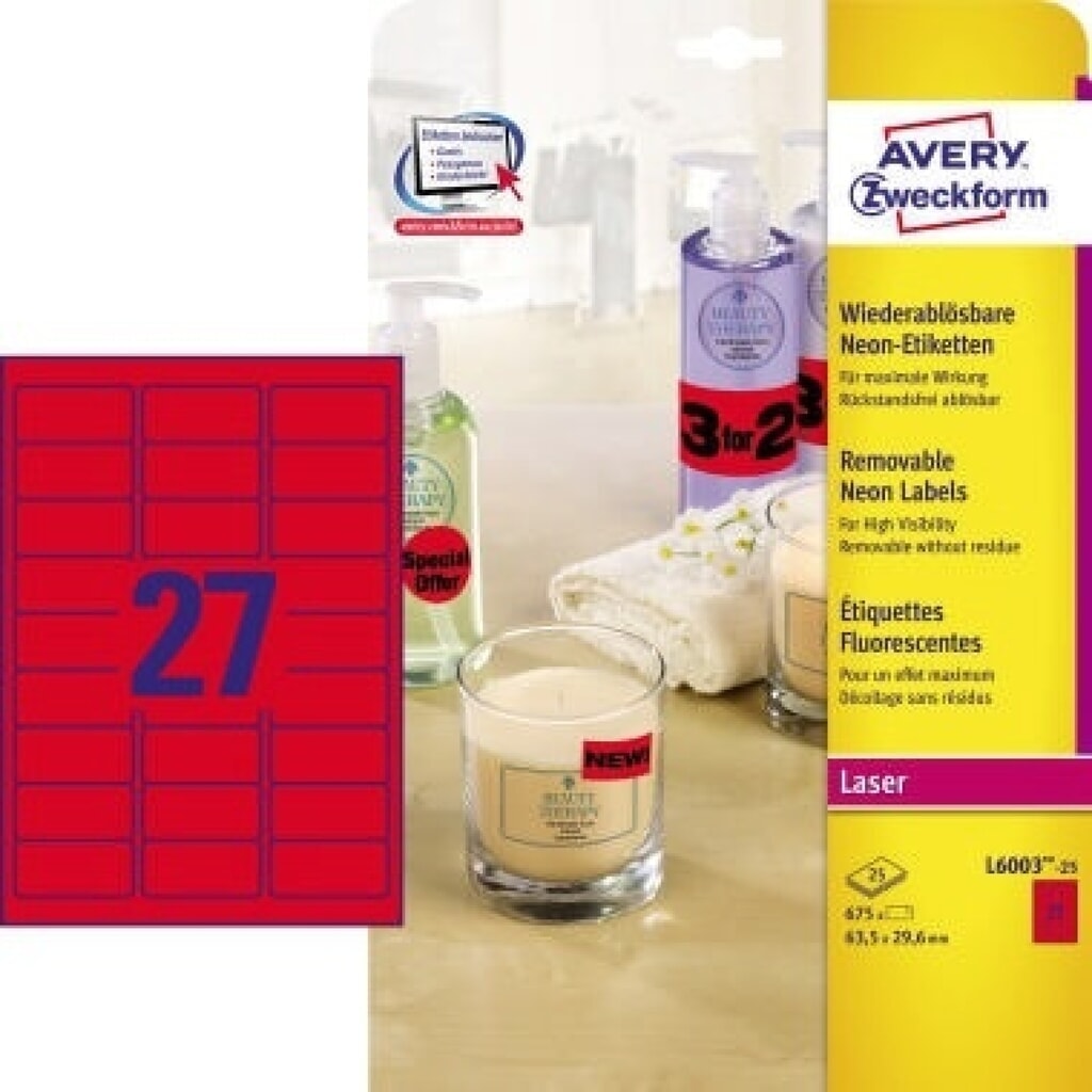 Avery Zweckform Etikett L6003-25 63,5x29,6mm neonrot 675 St./Pack. Produktabbildung: Avery Zweckform Etikett L6003-25 63,5x29,6mm neonrot 675 St./Pack.