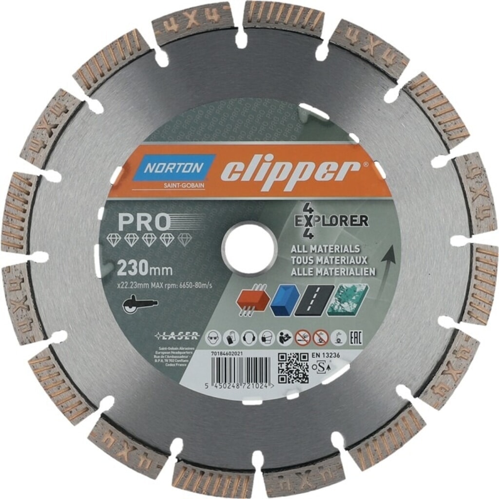 NORTON CLIPPER Diamanttrennscheibe 4 x 4 Explorer, Durchmesser 230 mm Bohrung 22,23 mm, für Winkelschleifer Produktabbildung: NORTON CLIPPER Diamanttrennscheibe 4 x 4 Explorer, Durchmesser 230 mm Bohrung 22,23 mm, für Winkelschleifer