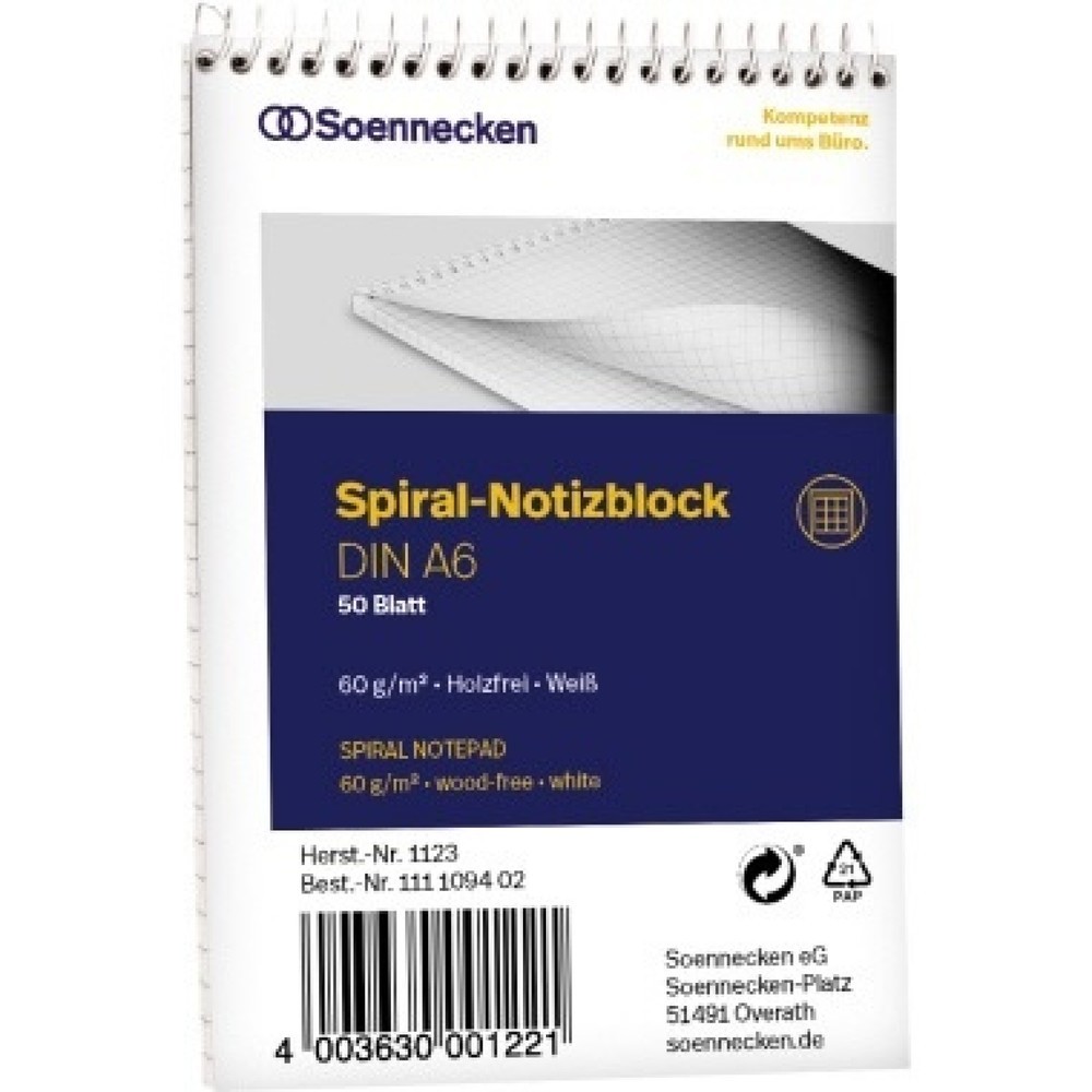 Produktabbildung: Soennecken Notizblock 1123 DIN A6 60g kariert 50Blatt weiß