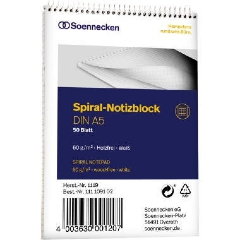 Produktabbildung: Soennecken Notizblock 1119 DIN A5 60g kariert 50Blatt weiß