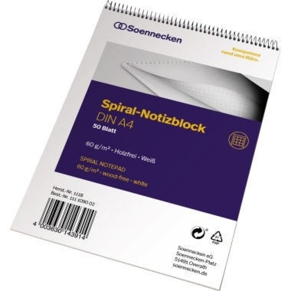 Produktabbildung: Soennecken Notizblock 1118 DIN A4 60g kariert 50Blatt weiß