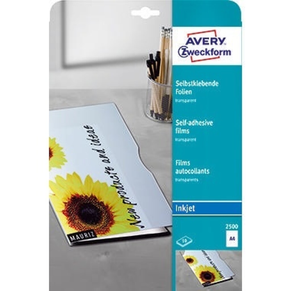 Avery Zweckform Inkjetfolie 2500 DIN A4 transparent 10 St./Pack. Produktabbildung: Avery Zweckform Inkjetfolie 2500 DIN A4 transparent 10 St./Pack.