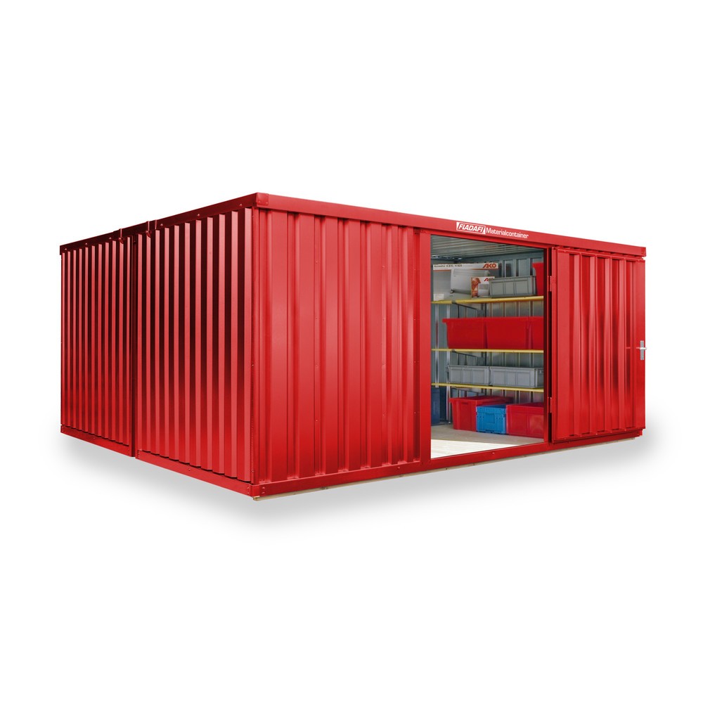 Product afbeelding: FLADAFI® combinatie materiaalcontainers, geverfd, 2 modules, hxbxd 2.150 x 4.050 x 4.340 mm, voorgemonteerd, houten vloer, vuurrood