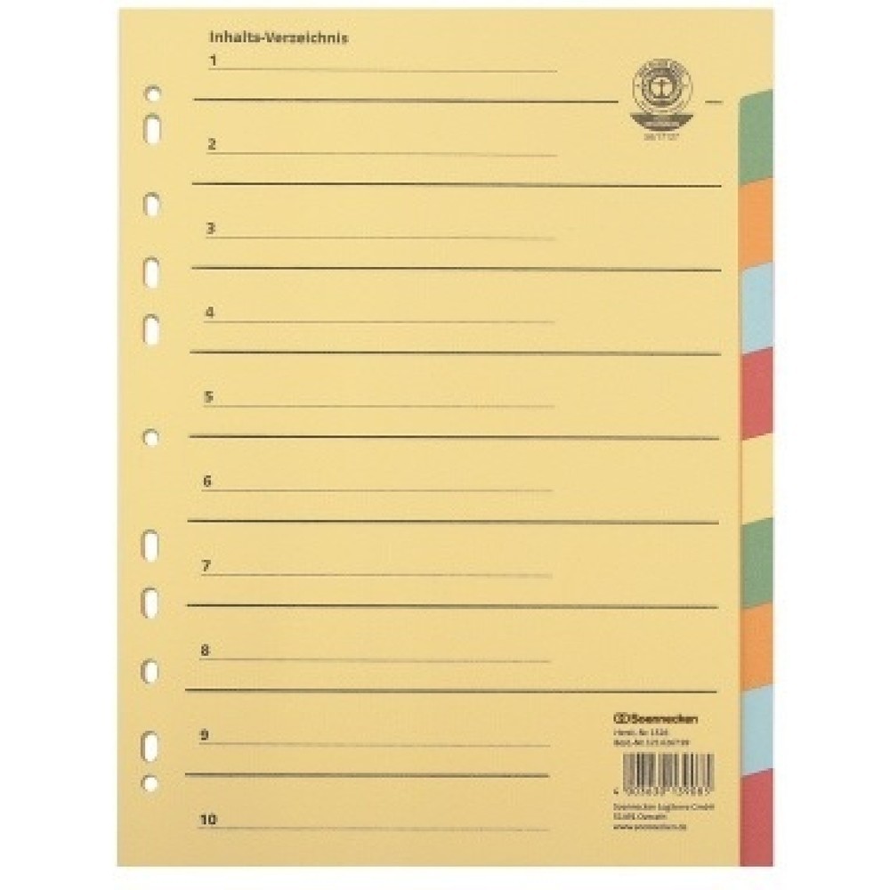 Produktabbildung: Soennecken Register 1526 DIN A4 blanko volle Höhe Recycling farbig