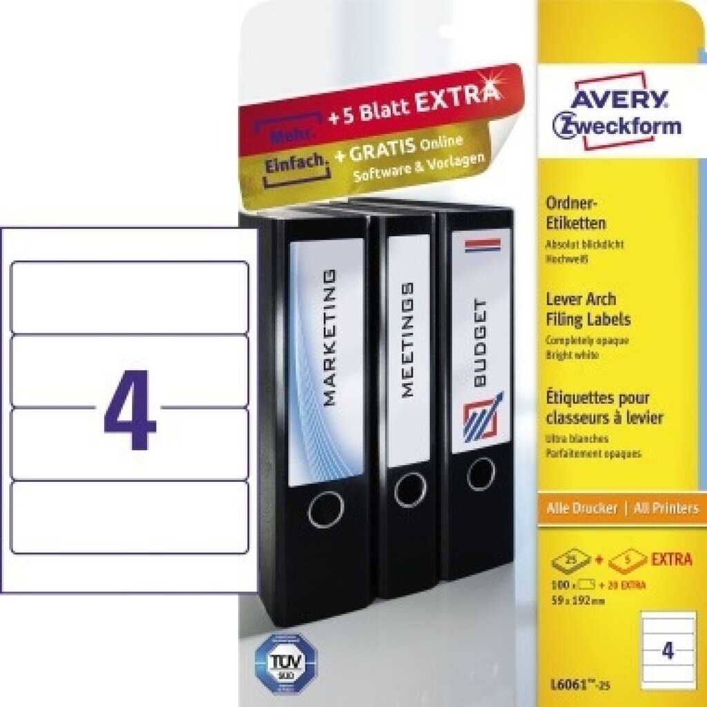 Avery Zweckform Ordneretikett L6061-25 59x192mm ws 100 St./Pack. Produktabbildung: Avery Zweckform Ordneretikett L6061-25 59x192mm ws 100 St./Pack.