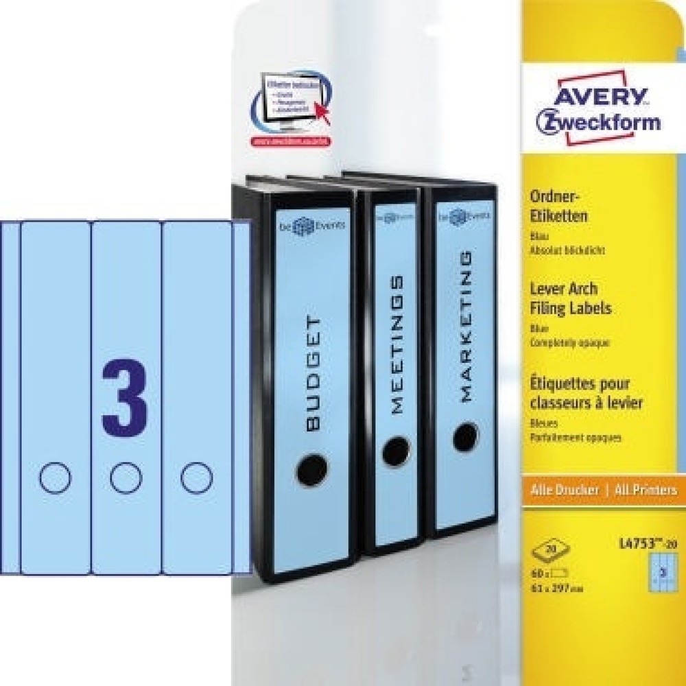 Produktabbildung: Avery Zweckform Ordneretikett L4753-20 lang/breit bl 60 St./Pack.