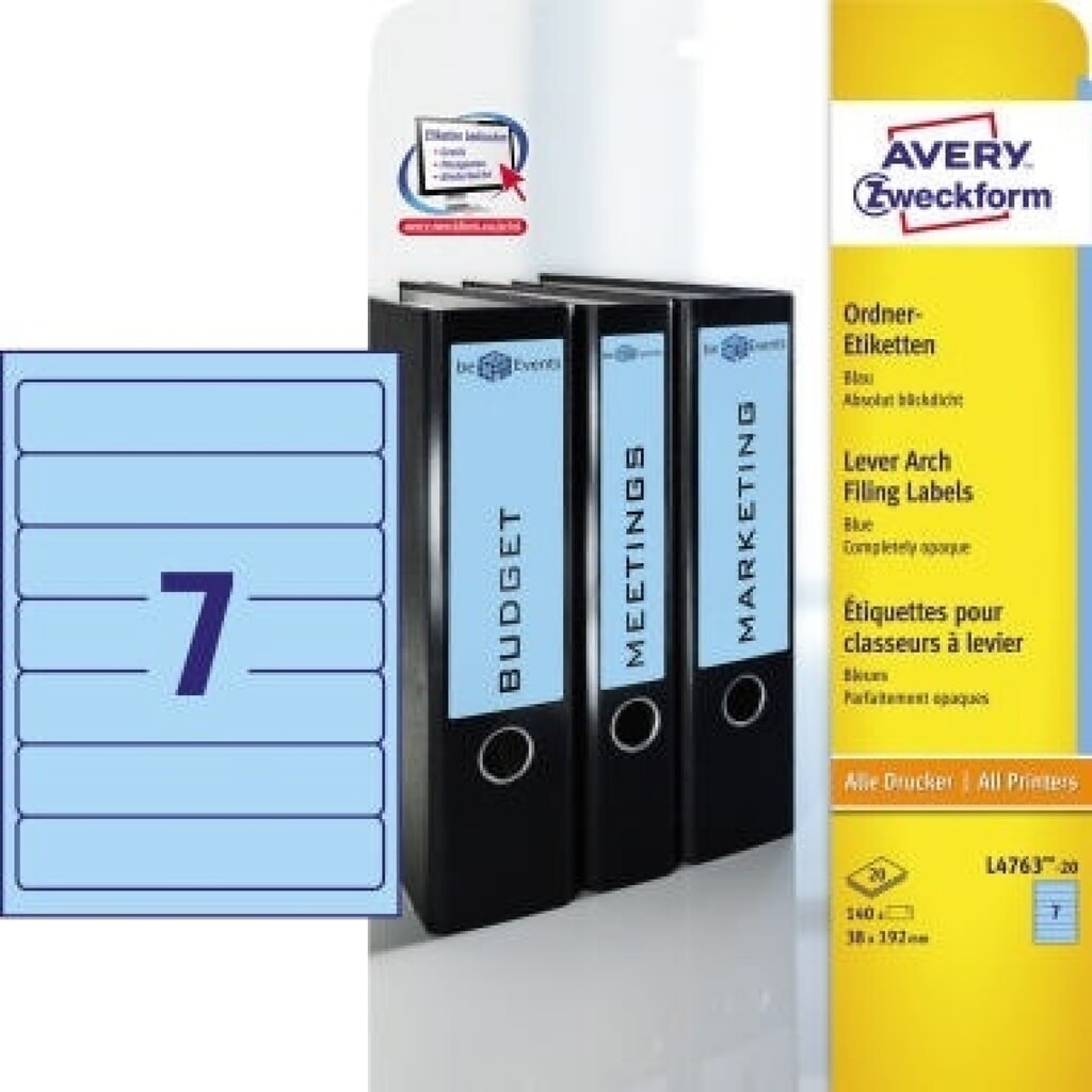 Produktabbildung: Avery Zweckform Ordneretikett L4763-20 38x192mm bl 140 St./Pack.