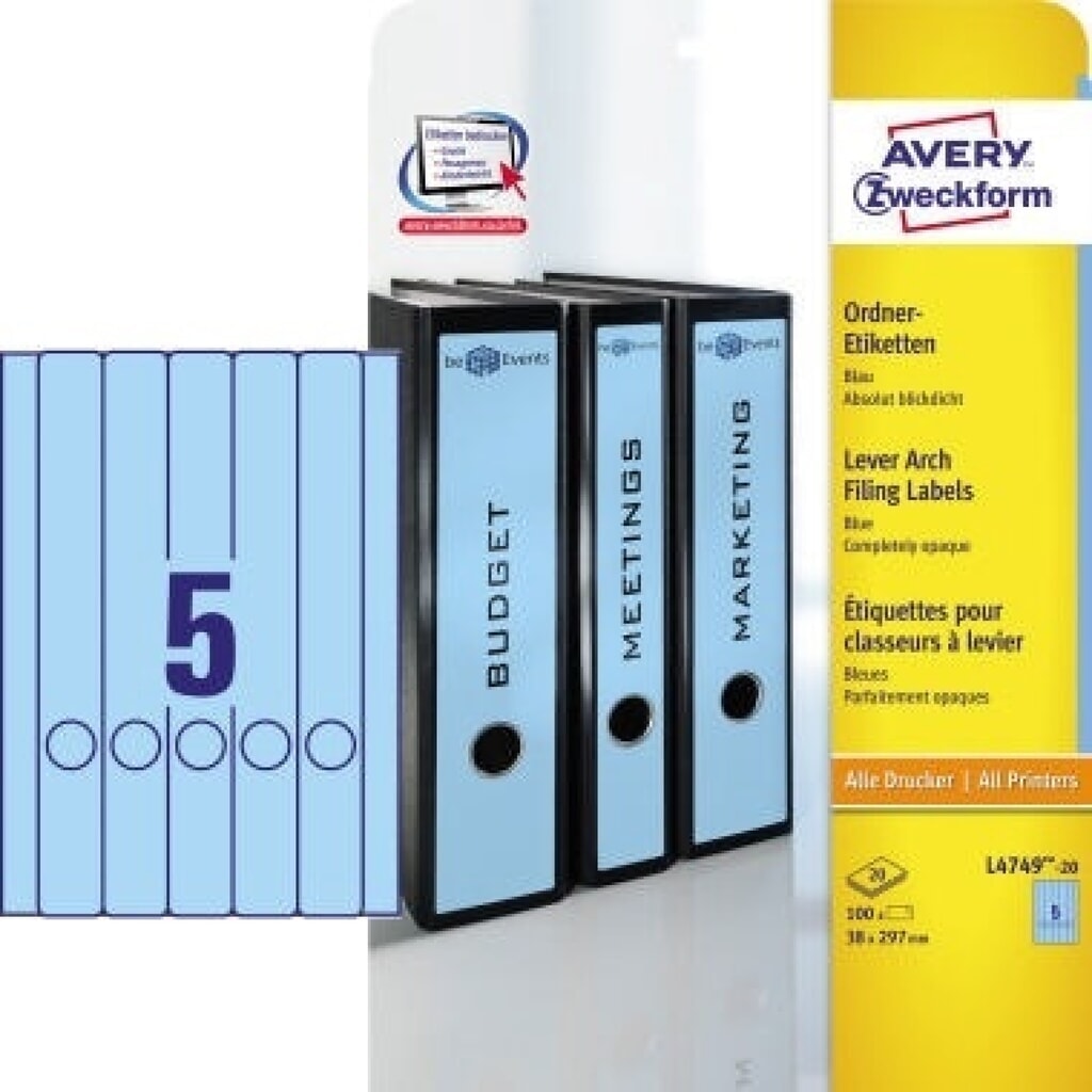 Avery Zweckform Ordneretikett L4749-20 38x297mm bl 100 St./Pack. Produktabbildung: Avery Zweckform Ordneretikett L4749-20 38x297mm bl 100 St./Pack.