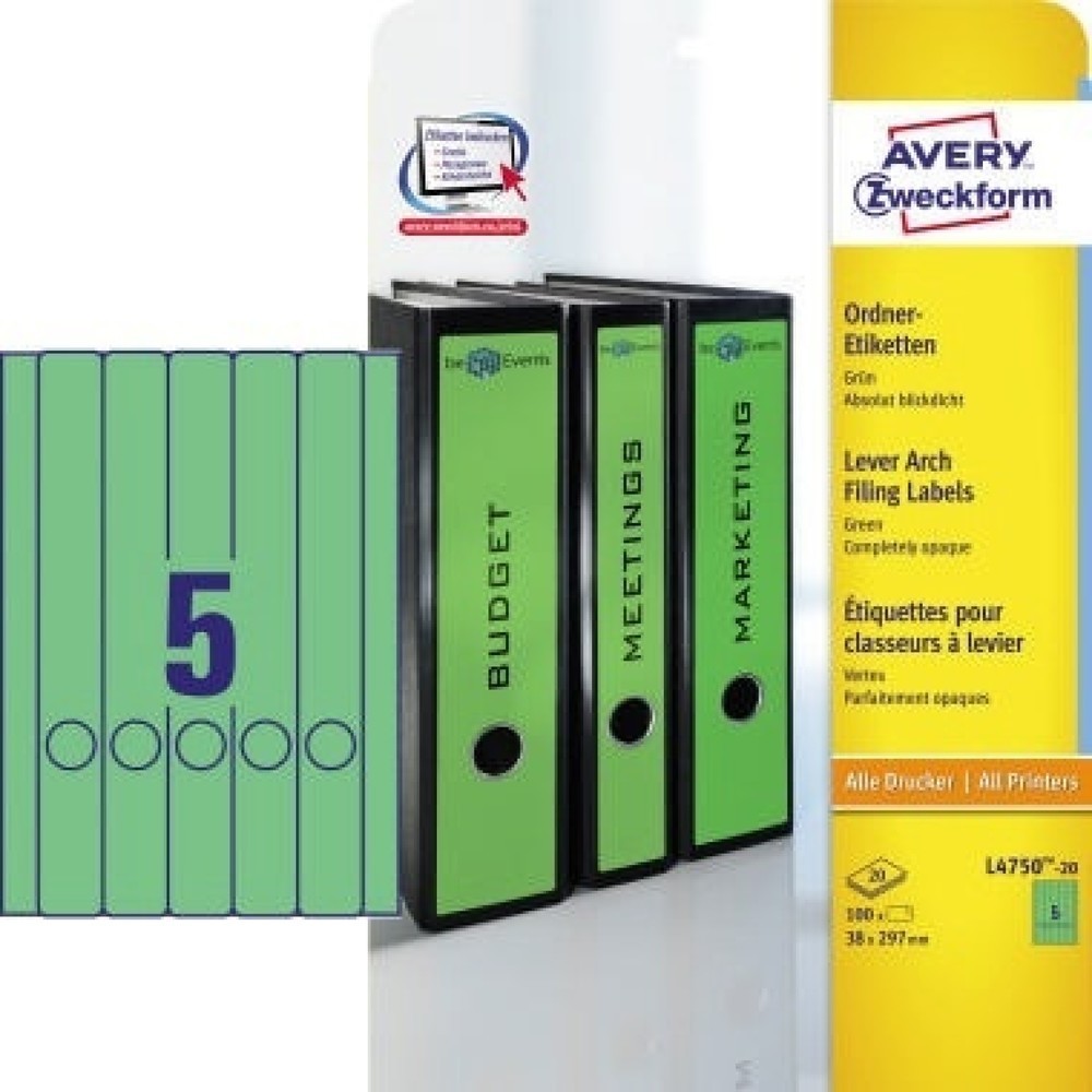 Produktabbildung: Avery Zweckform Ordneretikett L4750-20 38x297mm gn 100 St./Pack.
