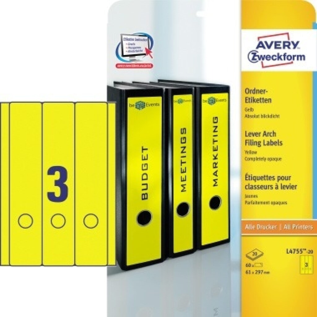 Avery Zweckform Ordneretikett L4755-20 lang/breit ge 60 St./Pack. Produktabbildung: Avery Zweckform Ordneretikett L4755-20 lang/breit ge 60 St./Pack.