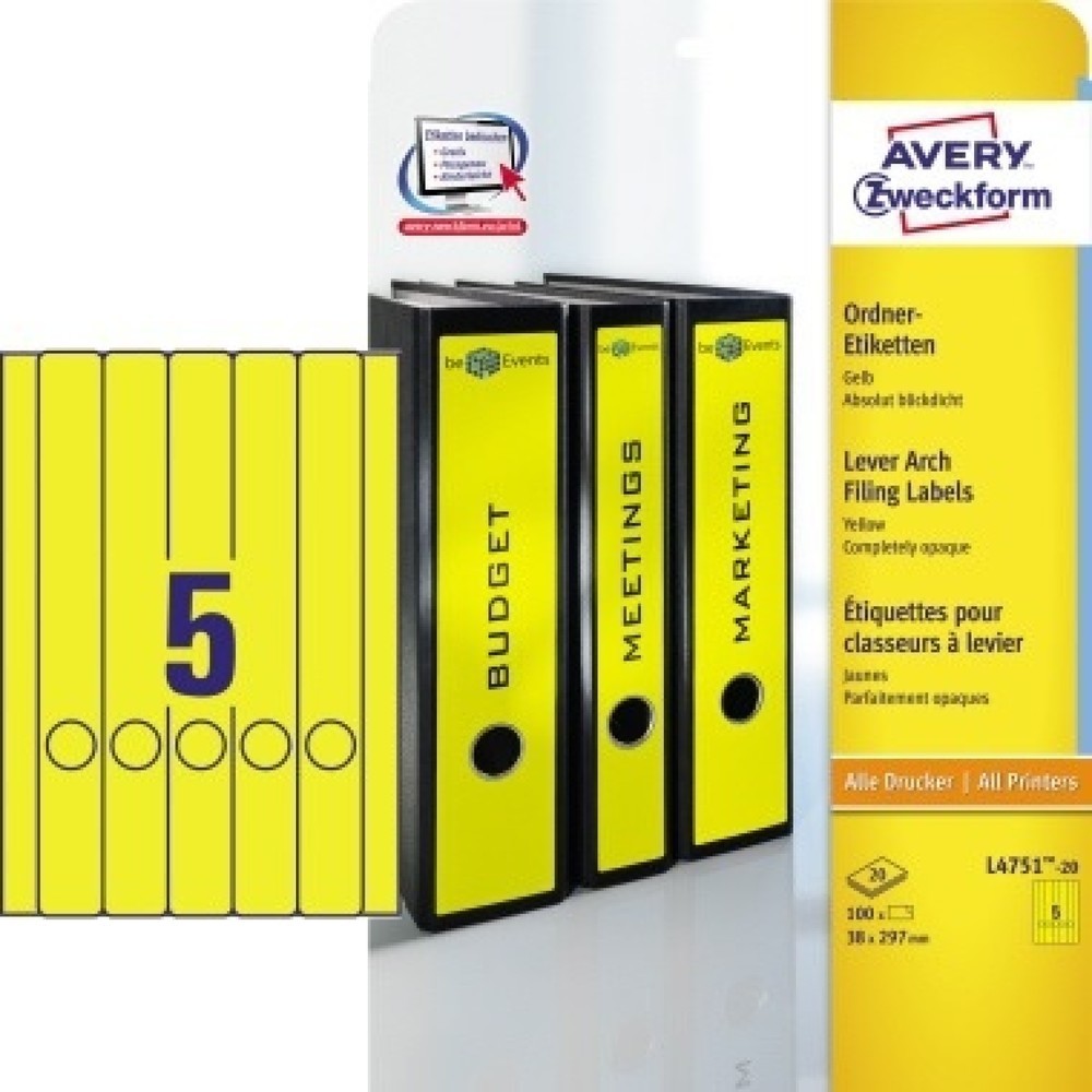 Produktabbildung: Avery Zweckform Ordneretikett L4751-20 38x297mm ge 100 St./Pack.