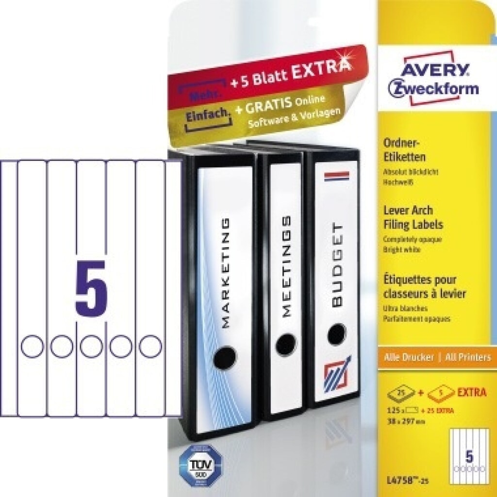 Avery Zweckform Ordneretikett L4758-25 38x297mm ws 125 St./Pack Produktabbildung: Avery Zweckform Ordneretikett L4758-25 38x297mm ws 125 St./Pack