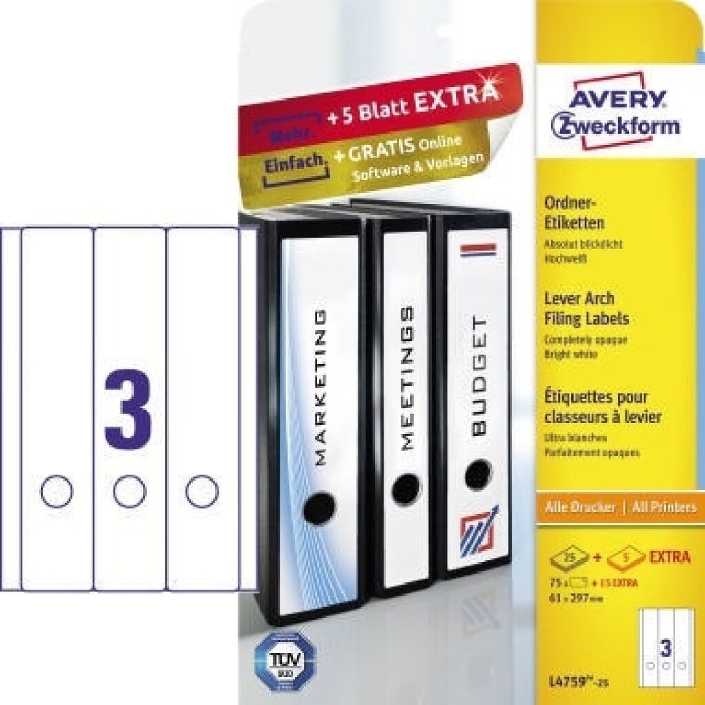 Produktabbildung: Avery Zweckform Ordneretikett L4759-25 lang/breit ws 75 St./Pack.