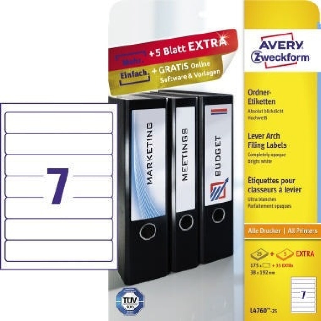 Avery Zweckform Ordneretikett L4760-25 38x192mm ws 175 St./Pack. Produktabbildung: Avery Zweckform Ordneretikett L4760-25 38x192mm ws 175 St./Pack.