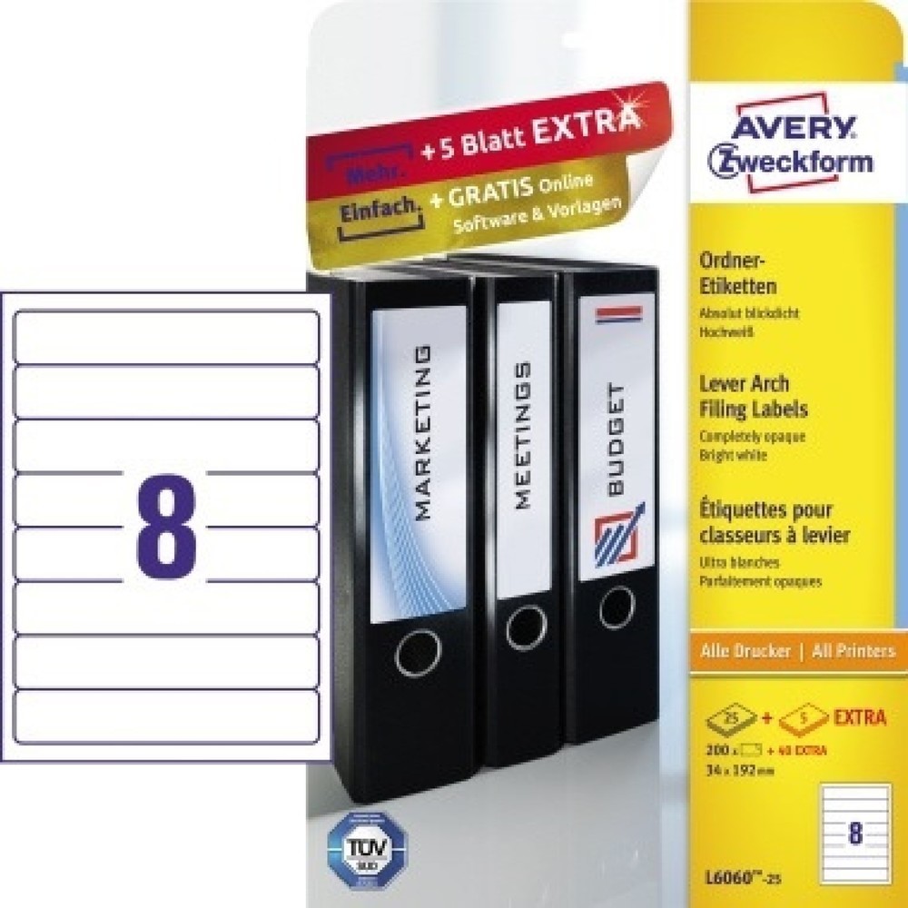 Produktabbildung: Avery Zweckform Ordneretikett L6060-25 34x192mm ws 200 St./Pack.